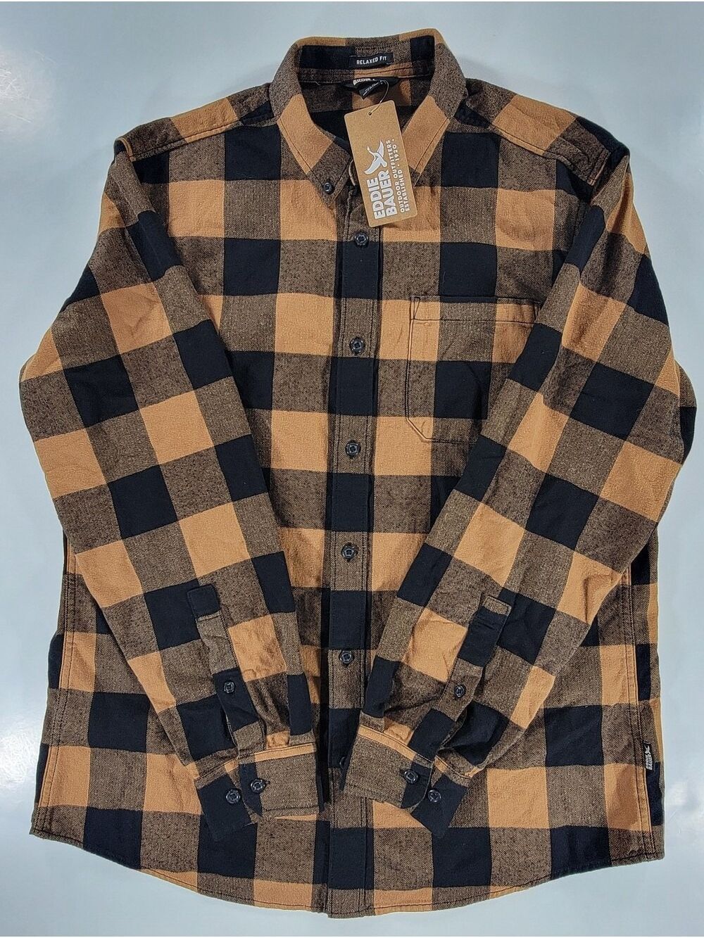 NEW Eddie Bauer Favorite Flannel Shirt Mens Medium Buffalo Plaid Black Tan NWT